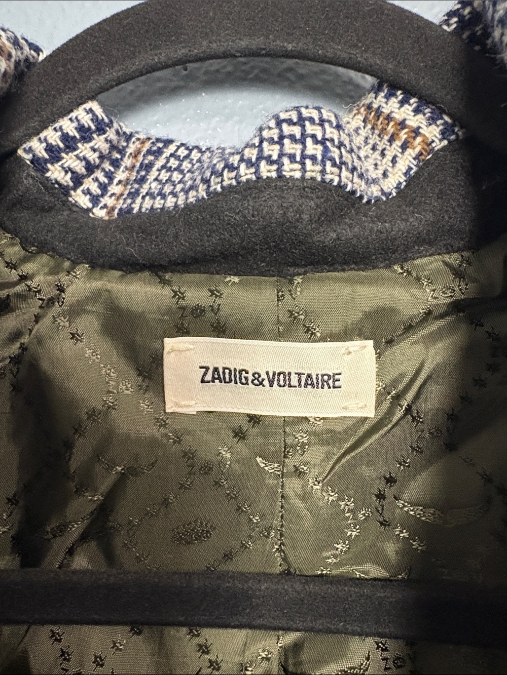 Zadig & Voltaire Checked Wool-Blend Overcoat with Brown Suede Shoulders - Picture 4 of 9